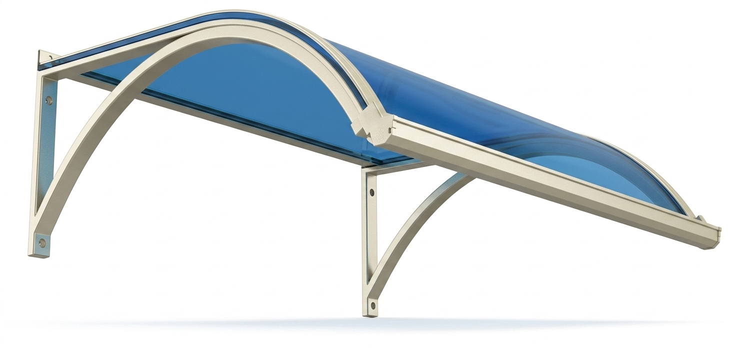 Pensilina curva P3 con lastra blu vista isolata Pensilina curva P3 con struttura in alluminio color avorio e lastra curva colore blu su sfondo bianco