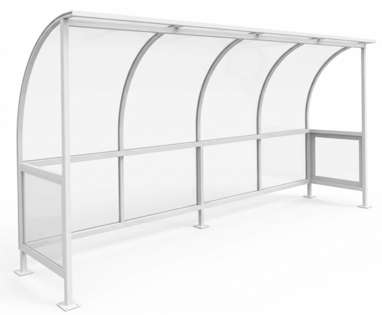 Pensilina per panchine sportive con struttura curva in alluminio bianco senza sedute su sfondo bianco