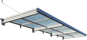 Canopy High-Tech cantilever in aluminium and polycarbonate with tie rod, vista scontornata