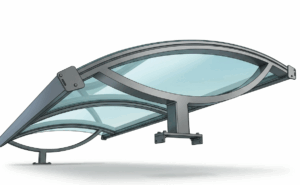 Canopy Moon with profile curved a lente, structure in aluminium grey and supporti a parete su sfondo bianco