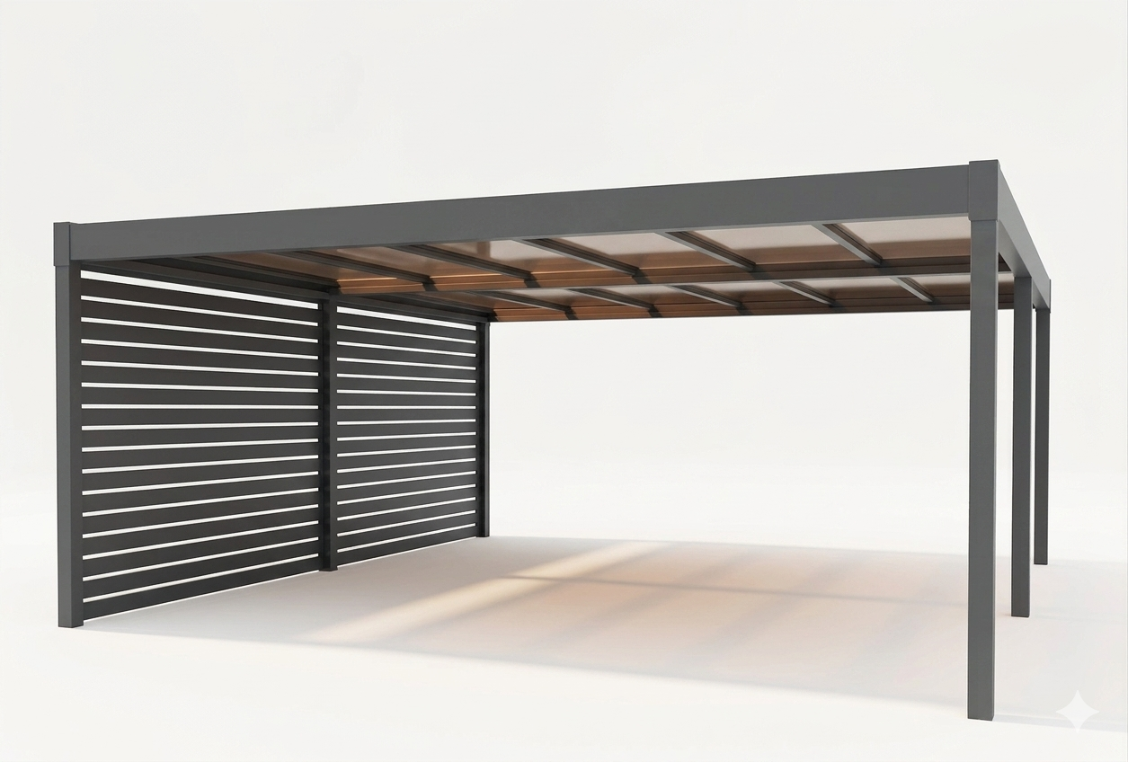 Rendering del carport a tetto piano con parete a doghe Rendering 3D del carport a tetto piano in alluminio antracite con parete laterale a doghe orizzontali