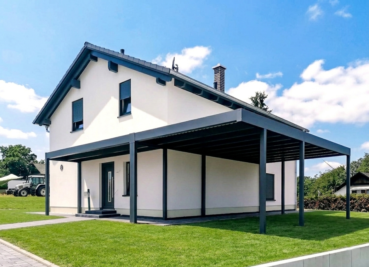 Carport a tetto piano installato su villetta Carport a tetto piano in alluminio antracite installato accanto a una villetta, su prato